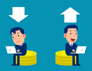 Business people sit on a pile of coins and trade
