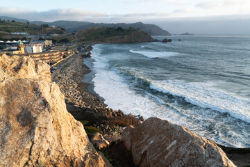 Rockaway Beach, located in the small coastal city of Pacifica, San Francisco Bay Area, California. The beach is used for fishing and leisure. It has many hiking trails around. 