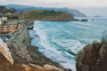 Rockaway Beach, located in the small coastal city of Pacifica, San Francisco Bay Area, California. The beach is used for fishing and leisure. It has many hiking trails around. 