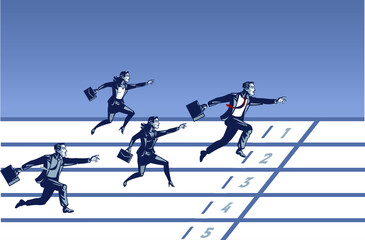 Business People Join Running Race in Athletic Lane. Concept Illustration of Competition Among Businessman and Business Woman to be the Champions