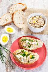 Baguette with mackerel or tuna fish paste with egg and chives
