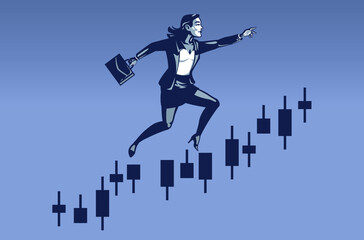 Business Woman making Big Leaps on Sets of Steeping Trading Chart. Business Illustration Concept of Career Development.
