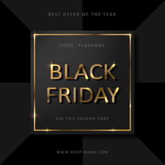 Black Friday sale background with gold lettering. Commercial discount event banner. Vector illustration.