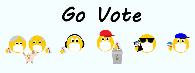 emoji social distancing and wearing face masks while voting to protect against covid 19 coronavirus, go vote text, banner heading