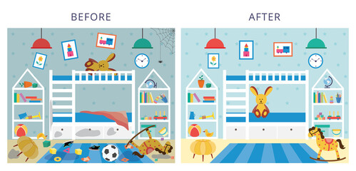 Obraz premium Childrens bedroom before and after cleaning, flat cartoon vector illustration.