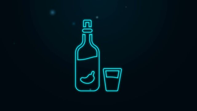 Glowing neon line Vodka with pepper and glass icon isolated on black background. Ukrainian national alcohol. 4K Video motion graphic animation