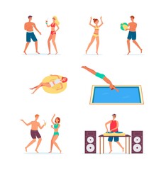 Set of people at summer pool or beach party flat vector illustration isolated.