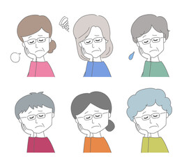 Middle aged women wearing glasses in trouble. Vector illustration isolated on white background.