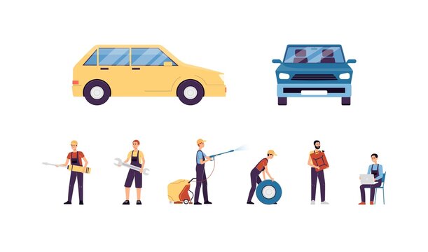 Set of car service icons with mechanics flat vector illustration isolated.