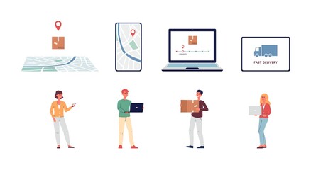 Set of delivery and parcel tracking icons flat vector illustration isolated.