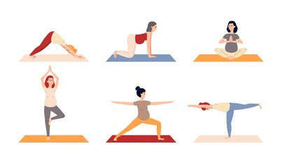Set of pregnant women mothers doing yoga exercises a vector isolated illustrations