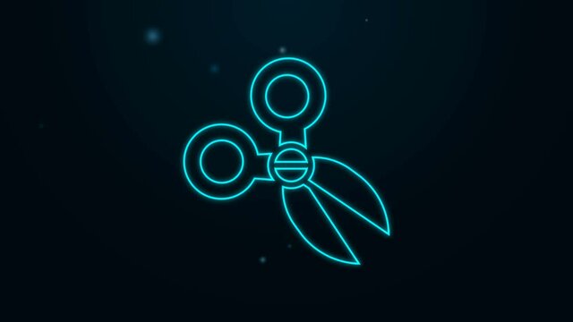 Glowing neon line Scissors icon isolated on black background. Cutting tool sign. 4K Video motion graphic animation