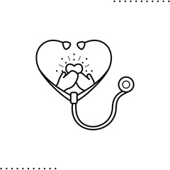 thank you doctor: stethoscope, hands and heart with rays  vector icon in outline
