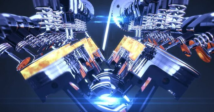 3D Animation Of A Working V8 Engine. Powerful Sport Car. Pistons, Camshaft, Valves And Other Mechanical Parts Are In Motion.