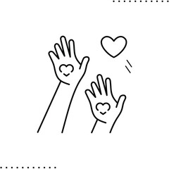 Thanks, raising hands with hearts on palms vector icon in outline