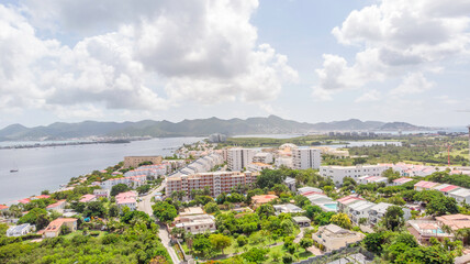 Aerial view of the Caribbean island of Sint maarten /Saint Martin. Maho and cupecoy cityscape on st.maarten