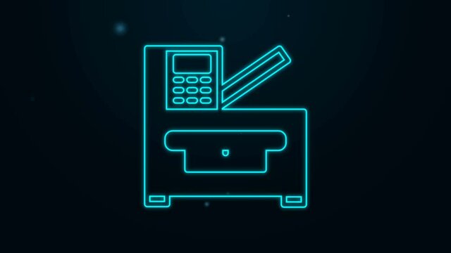 Glowing neon line Office multifunction printer copy machine icon isolated on black background. 4K Video motion graphic animation