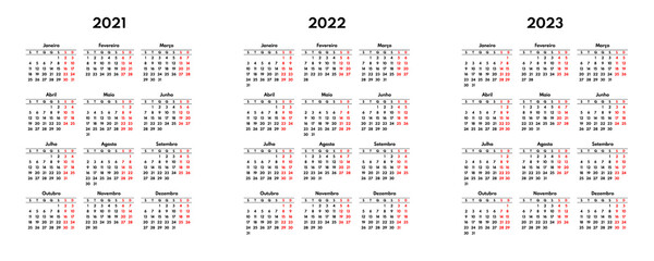 simple 2021 2022 2023 portuguese calendar grid, starts monday, two weekend - obrazy, fototapety, plakaty