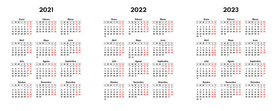 simple 2021 2022 2023 spanish calendar grid, starts monday, two weekend