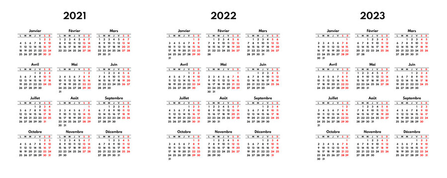 simple 2021 2022 2023 french calendar grid, starts monday, two weekend