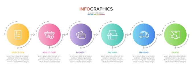 Concept of shopping process with 5 successive steps. Five colorful graphic elements. Timeline design for brochure, presentation, web site. Infographic design layout.