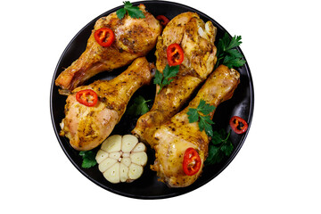 Roasted chicken drumsticks with spices in a black plate isolated on white background. Top view