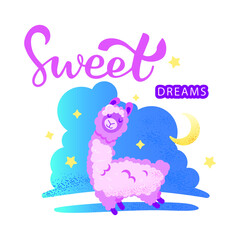 Vector illustration - a llama flying in a dream, vector inscription - Sweet dreams.
  for printing on clothes, postcards, posters, stickers