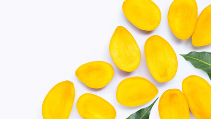 Tropical fruit, Mango slices with leaves on white background.