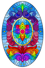 Illustration in stained glass style with abstract  swirls,flowers and leaves  on a blue background,vertical orientation, oval image