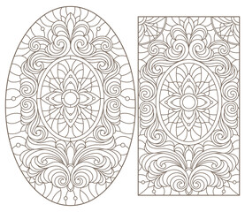 Set contour illustrations of stained glass with abstract swirls and flowers , vertical orientation
