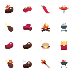 Barbeque food collection, BBQ flat icons set, Colorful symbols pack contains - beefsteak, roasted meat steak, hot dog sausage, bbq grill, vegetables, burger. Vector illustration. Flat style design