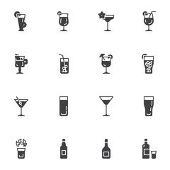 Cocktail glass vector icons set, modern solid symbol collection, filled style pictogram pack. Signs, logo illustration. Set includes icons as fresh cocktail, martini glass, alcoholic beverage, ice tea