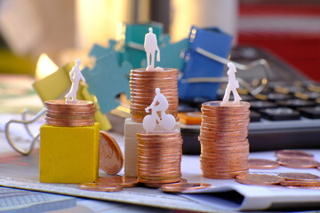Coins stacked background and Advertising coins of finance and banking, Increasing columns of gold coins on table, black background, copy space
