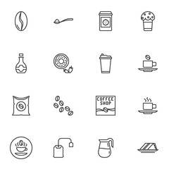 Coffee shop line icons set, outline vector symbol collection, linear style pictogram pack. Signs, logo illustration. Set includes icons as coffee bean pack, milkshake, hot tea cup, cupcake, cake