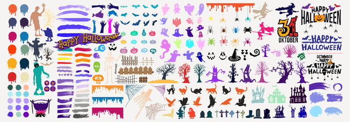 Collection of halloween silhouettes black, yellow, orange, green icon and character for your design. Freehand drawing. Mega set colored cartoon vector illustration. Isolated on white background.