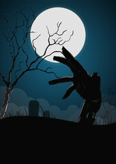 Vector illustration on the theme of Halloween. Illustration for web or print. Can be used as an invitation, flyer or greeting card. Contains a zombie hand, gravestone, moon, clouds.