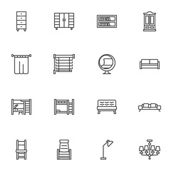 Home furniture line icons set, outline vector symbol collection, linear style pictogram pack. Signs, logo illustration. Set includes icons as drawers cupboard, bookshelf, curtain, sofa, armchair, lamp