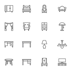 Home interior furniture line icons set, outline vector symbol collection, linear style pictogram pack. Signs logo illustration. Set includes icons as closet cupboard, curtains, sofa, table, desk, lamp