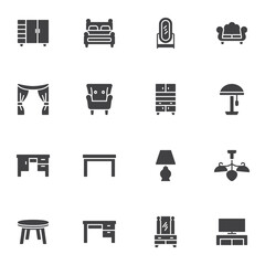 Home interior furniture vector icons set, modern solid symbol collection, filled style pictogram pack. Signs logo illustration. Set includes icons as closet cupboard, curtains, sofa, table, desk, lamp