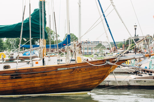 Vintage wood sailboat in a pier