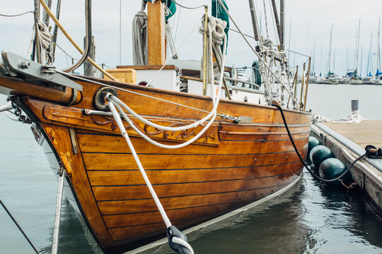 Old wooden boat docked