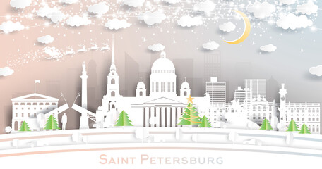 Saint Petersburg Russia City Skyline in Paper Cut Style with Snowflakes, Moon and Neon Garland.