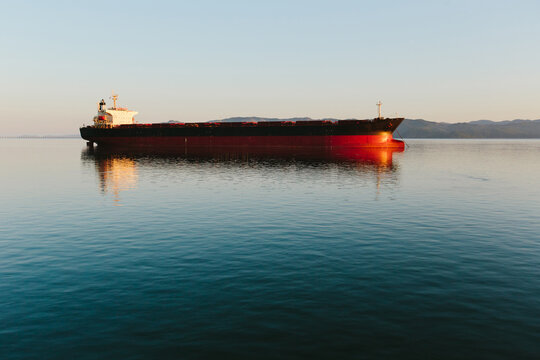 cargo ship at anchor on Columbia River