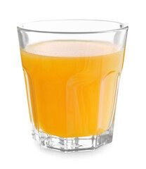 Glass of fresh peach juice on white background