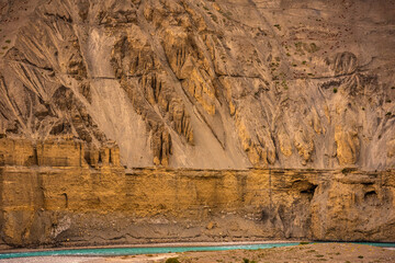 Gully erosion landscape prominent in cold desert of Spiti due to barren steep slopes & weak unconsolidated geological mud rocks. River erosion also visible on downward slopes of hills.