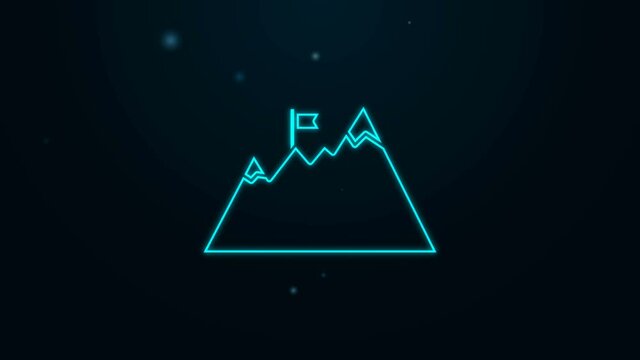 Glowing neon line Mountains with flag on top icon isolated on black background. Symbol of victory or success concept. Goal achievement. 4K Video motion graphic animation