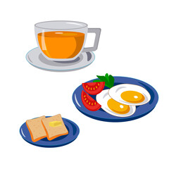 Breakfast - eggs, tomatoes and bread and butter. Healthy breakfast. Vector illustration isolated on white background. For cafes, menus and decor.
