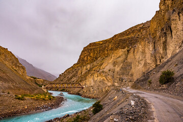 Beautiful landscape view of Spiti river valley enroute Hindustan Tibet road in Lahaul Spiti region of Himalayas in Himachal Pradesh, India.