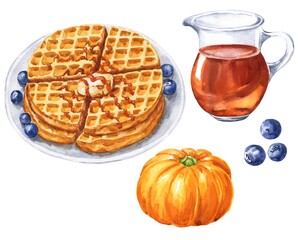 Watercolor pumpkin spice waffles with maple syrup and blueberries isolated on white background. Watercolour fall season desserts, food illustration.