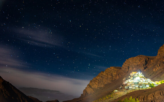 Long shutter time night view of sky at Key Village near Kaza, Lahaul & Spiti,  India.